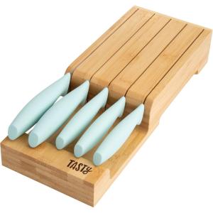 imageInDrawer Kitchen Knife Set SpaceSaving Cutlery and Kitchen Organizer Includes Chef Bread Santoku Utility and Paring Knives 6Piece Aqua