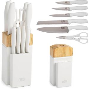 imageKitchen Knife Set with Block Cutlery Set includes Chef Bread Utility Paring Steak Knives ampamp Shears 10Piece AquaWhite