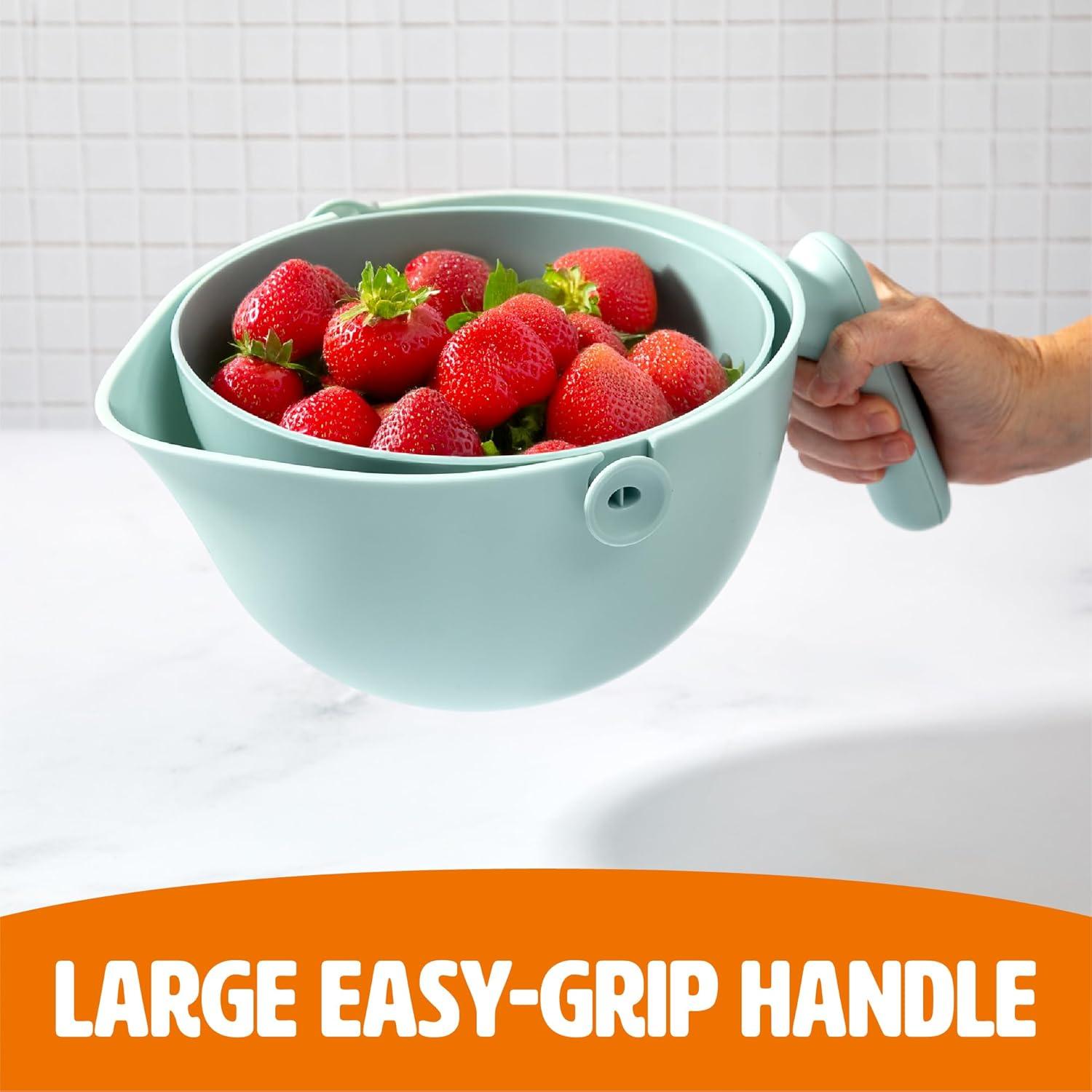 imageTasty 2in1 Swing Bowl Colander BuiltIn Strainer Basket with Handle Kitchen Hack for Rinsing and Draining for Fruits Vegetables and Pasta 21Quart Bowl  19Quart Strainer Aqua