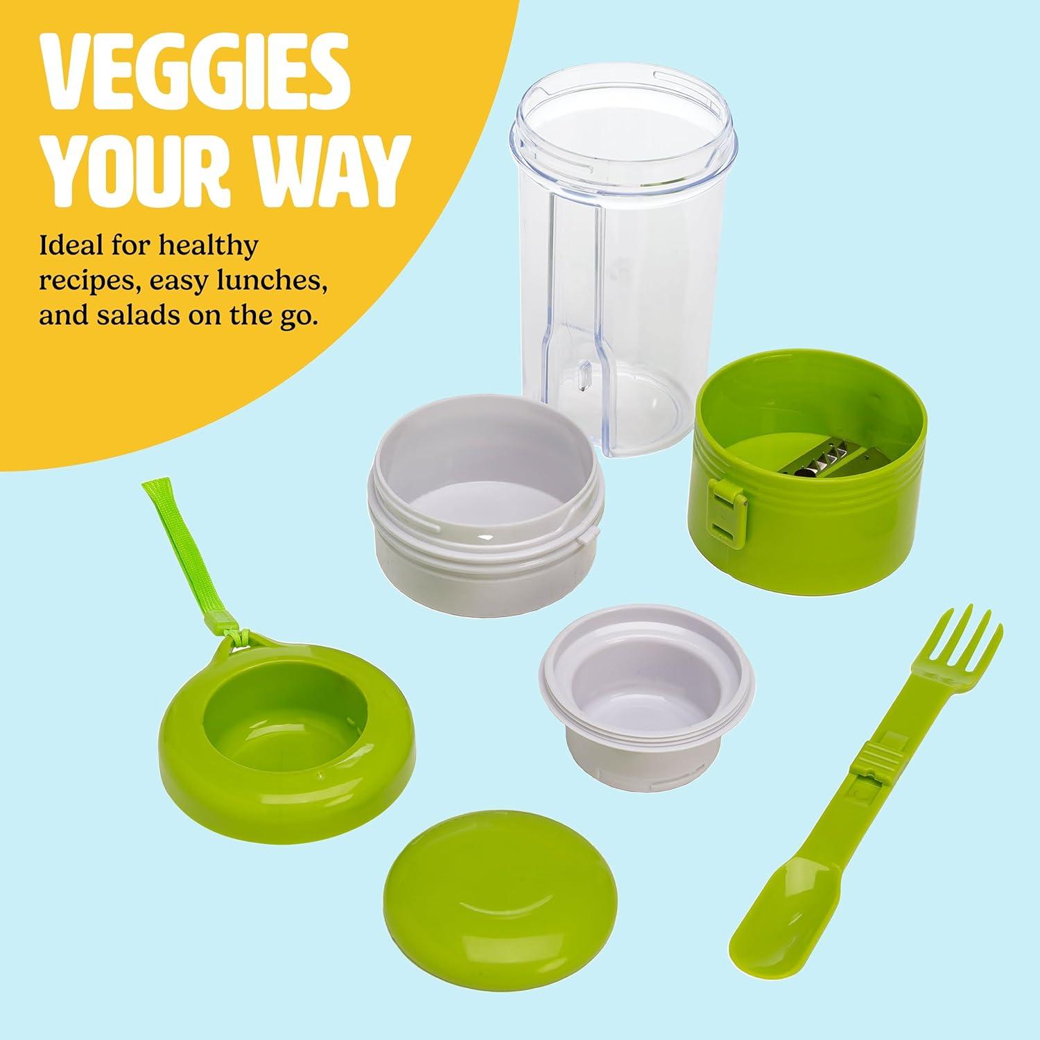 imageTasty 2in1 Vegetable Spiralizer and Salad Container Travel Fork Included Dishwasher Safe Multiple Compartments Green