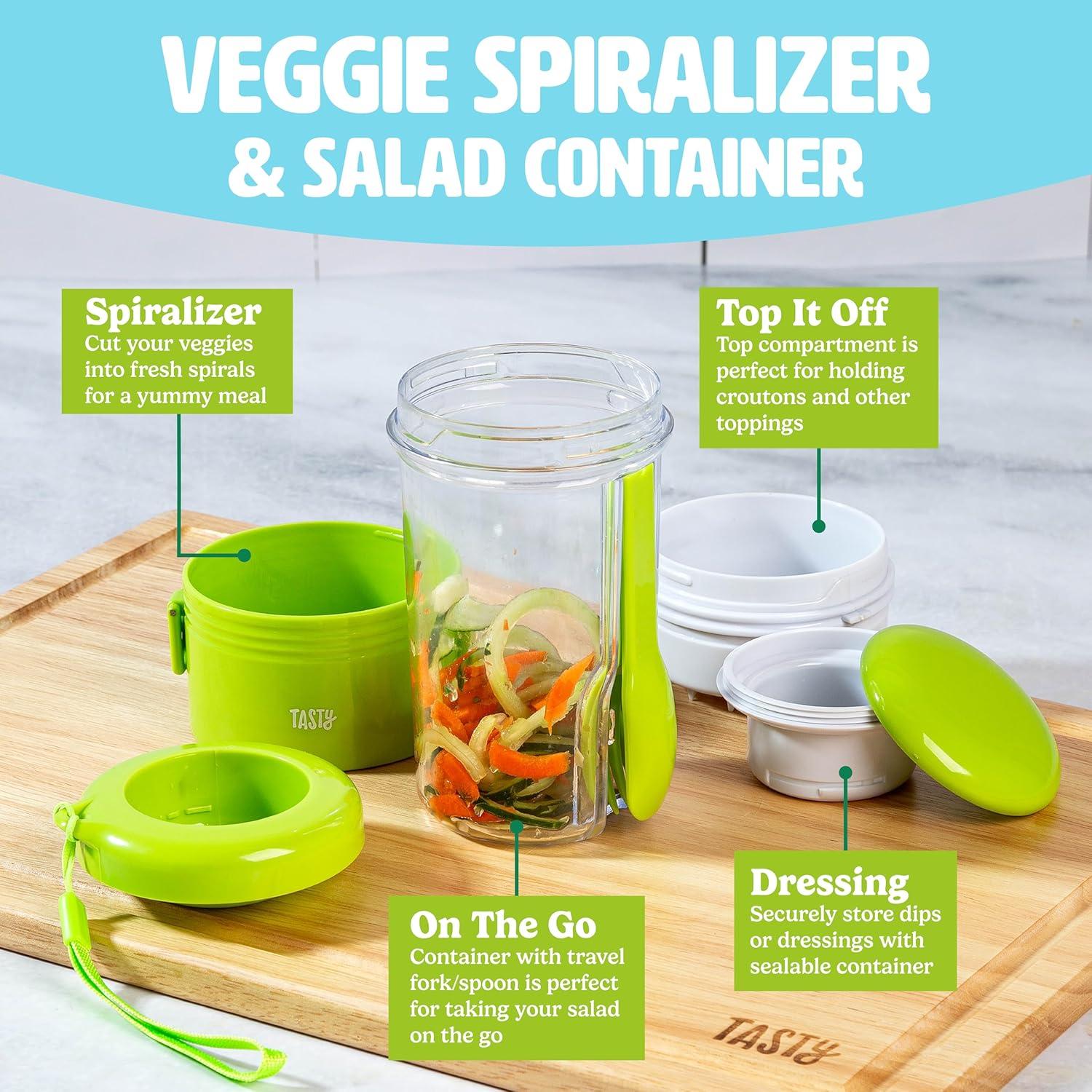 imageTasty 2in1 Vegetable Spiralizer and Salad Container Travel Fork Included Dishwasher Safe Multiple Compartments Green