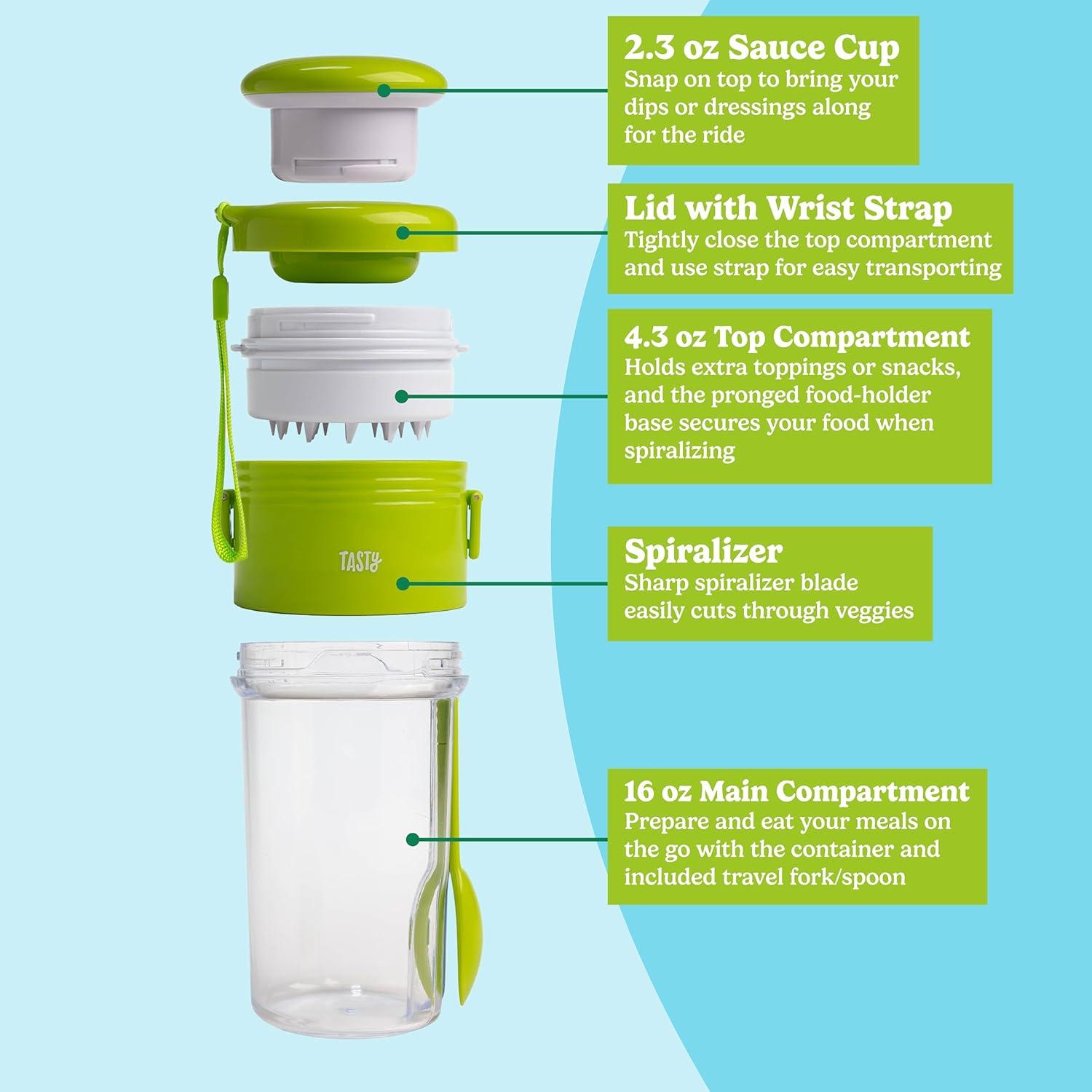 imageTasty 2in1 Vegetable Spiralizer and Salad Container Travel Fork Included Dishwasher Safe Multiple Compartments Green