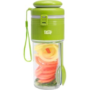 imageTasty 2in1 Vegetable Spiralizer and Salad Container Travel Fork Included Dishwasher Safe Multiple Compartments Green