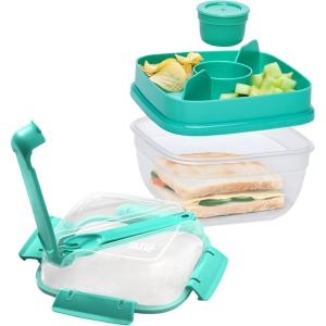 imageTasty Stackable Bento Box 37 oz Base with Removable Toppings Tray ampamp Sauce Cup Includes Knife ampamp Spork EasyLatch Lid Dishwasher Safe Aqua